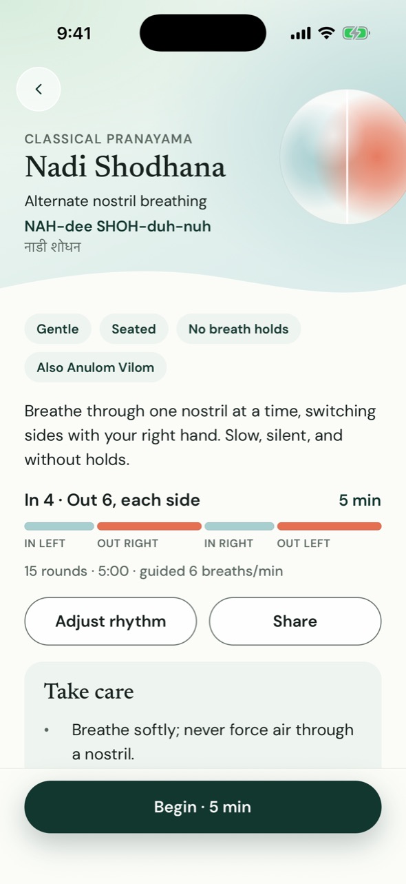 The Nadi Shodhana guide: pronunciation, rhythm, Take care notes, and Begin.