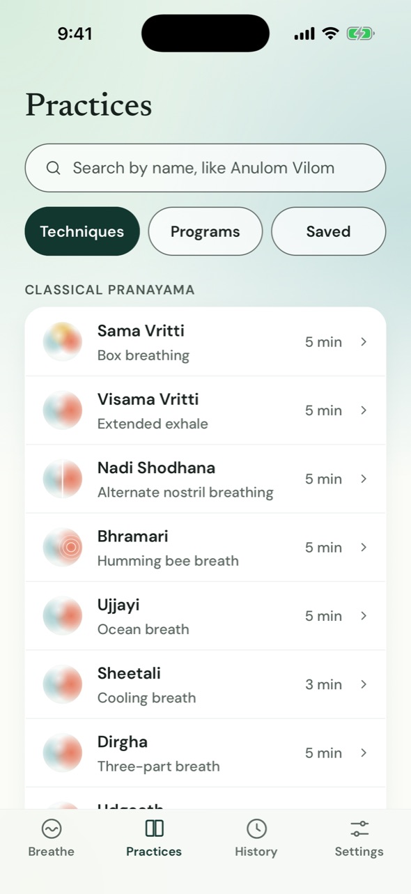 The Practices library: Sama Vritti, Visama Vritti, Nadi Shodhana, Bhramari, and more, each with its length.